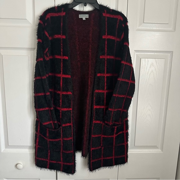 Joseph A Textured Open-Front Feather Lagenlook Windowpane Red Black Cardigan M - Picture 1 of 10